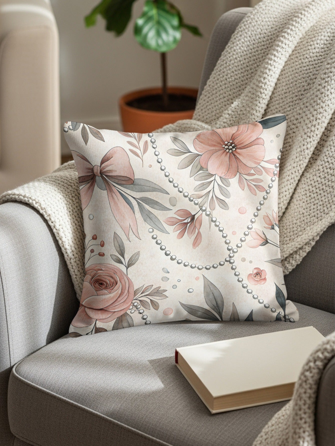 Floral Bow and Pearl Accent Throw Pillow Decor