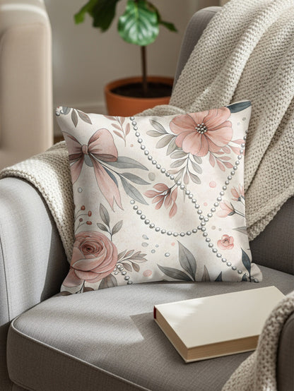 Floral Bow and Pearl Accent Throw Pillow Decor