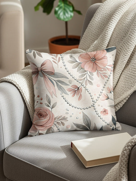 Floral Bow and Pearl Accent Throw Pillow Decor