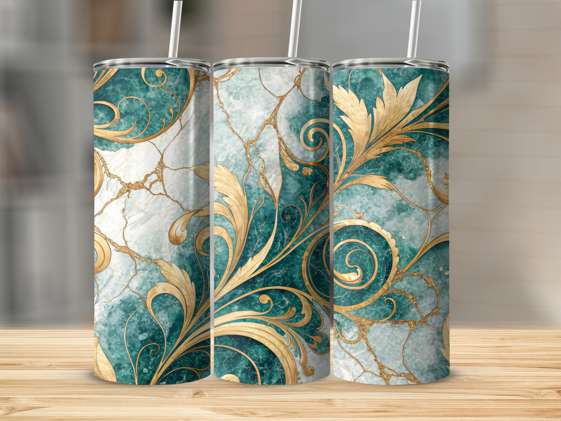 Elegant Teal and Gold Flourish Design Tumbler