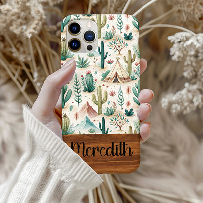 Desert Scene With Cacti Mountains and Tent Custom Phone Case - Walk Greener