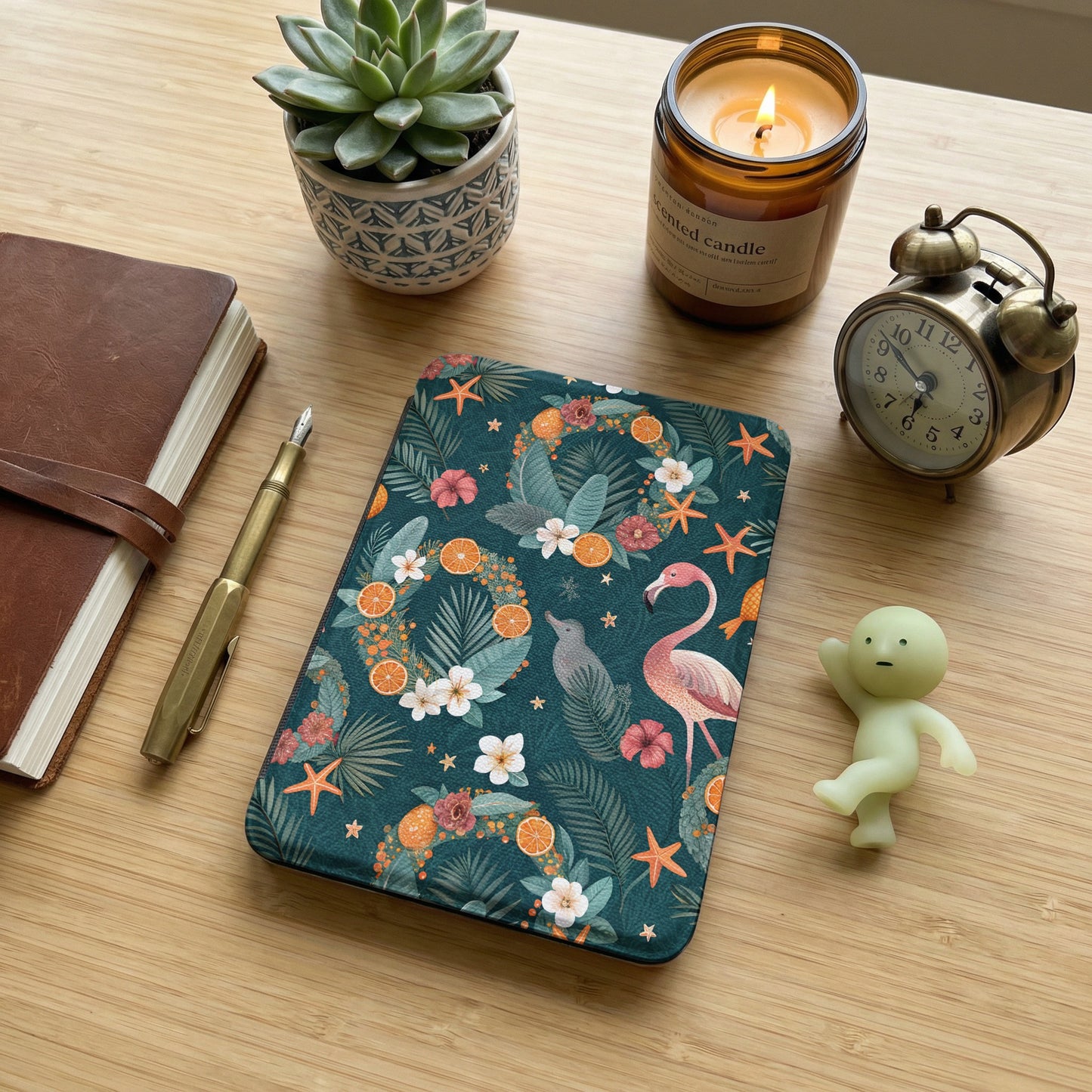 Floral Flamingo Patterned Tablet Cover with Succulent Design