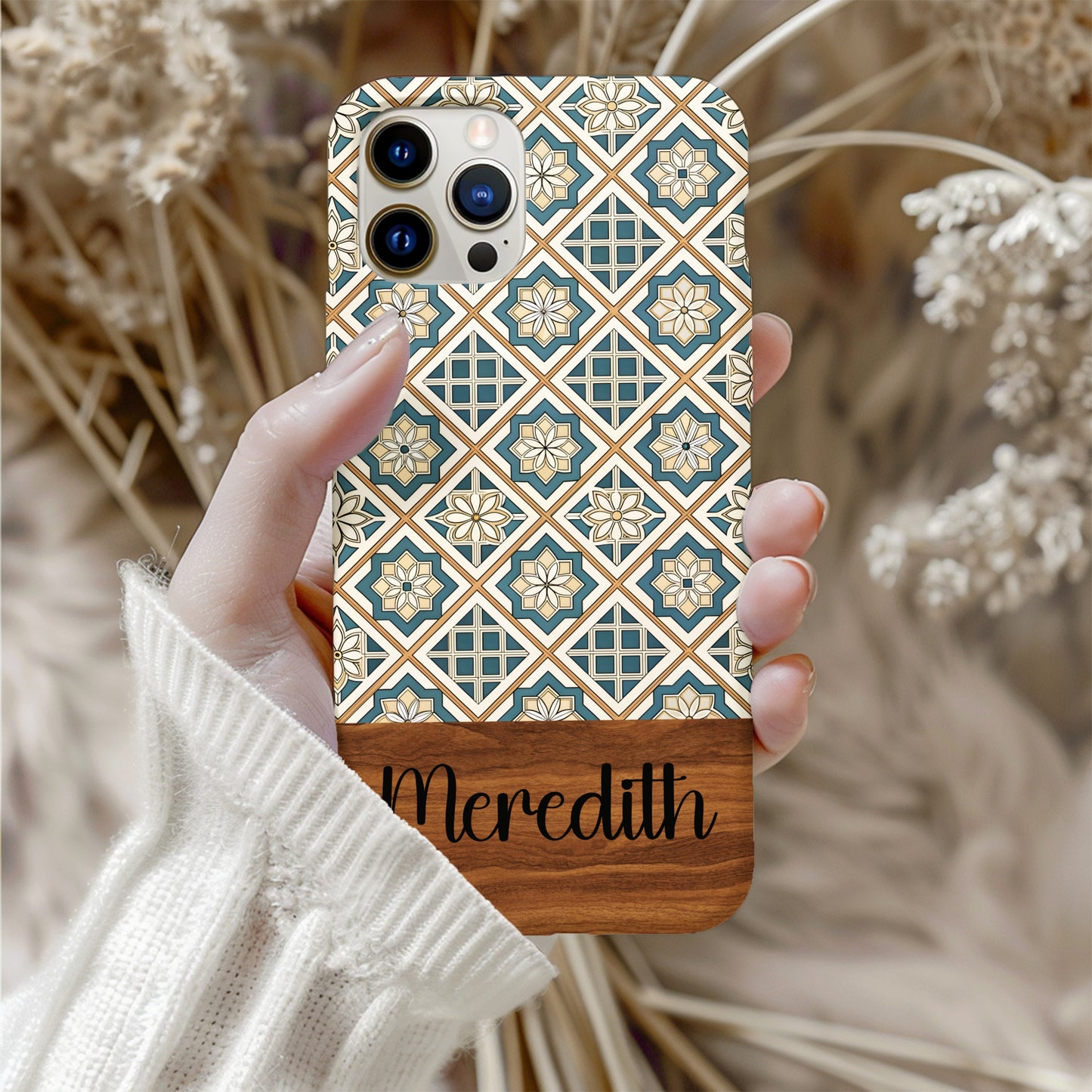 Beige Flowers Blue Diamonds Geometric Patterns Custom Phone Case - Walk Greener