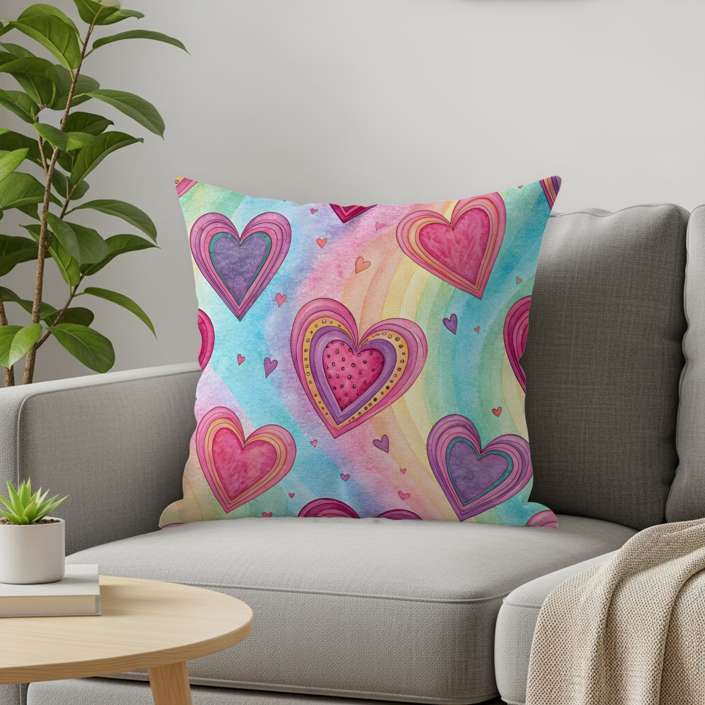 Colorful Heart Pattern Throw Pillow with Rainbow Design