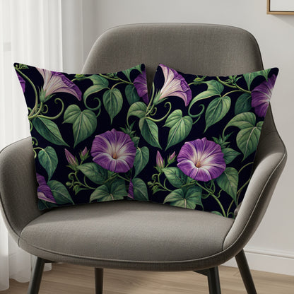 Purple Morning Glory Botanical Design Throw Pillow