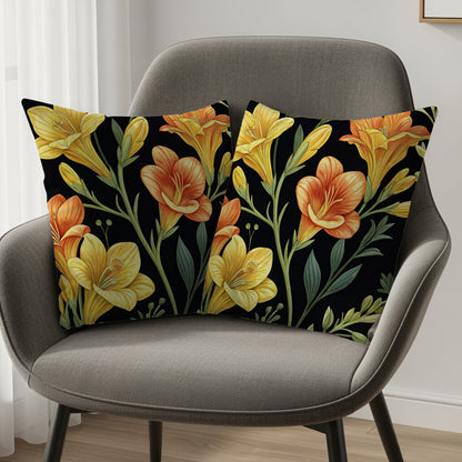 Yellow And Orange Floral Pattern On Dark Backdrop Decorative Floral Throw Pillows - Walk Greener