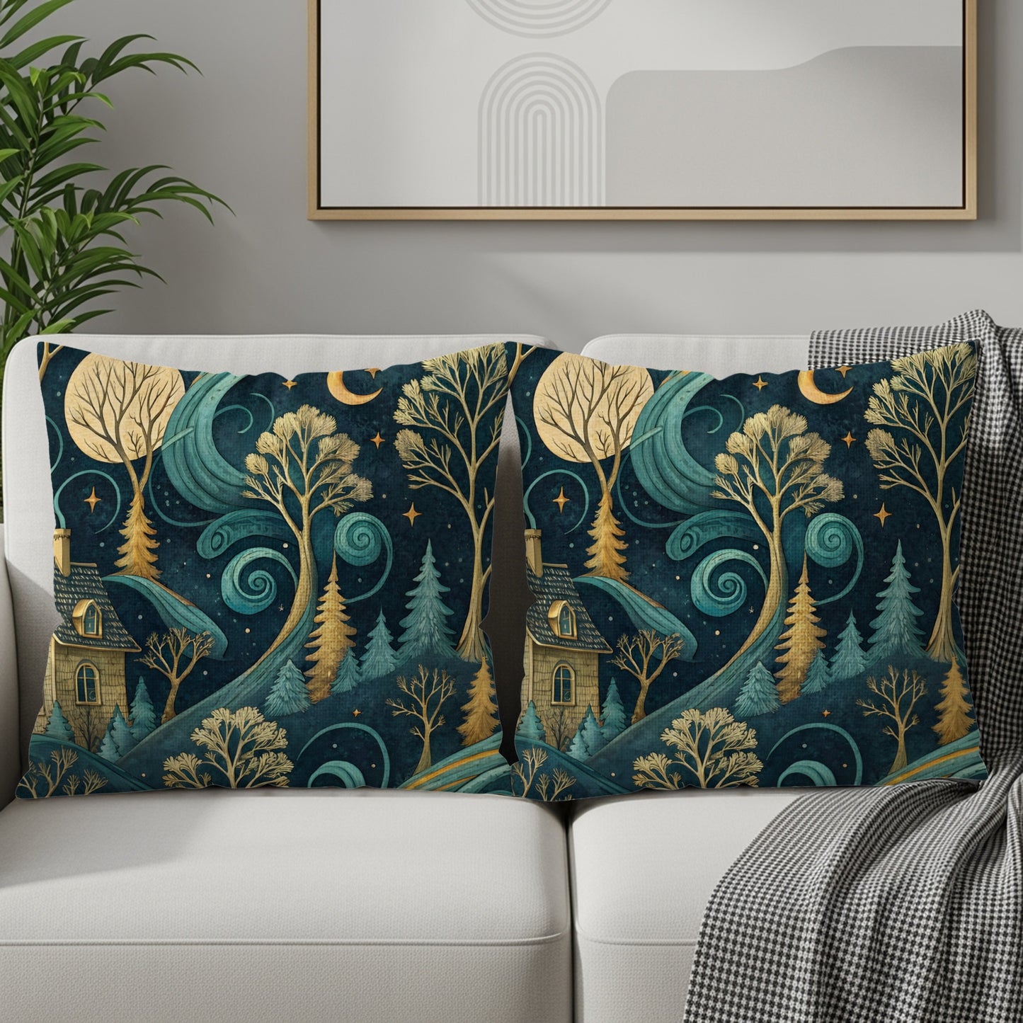 Whimsical Night Forest Cottage Throw Pillow Product