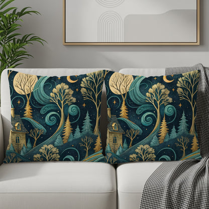 Whimsical Night Forest Cottage Throw Pillow Product