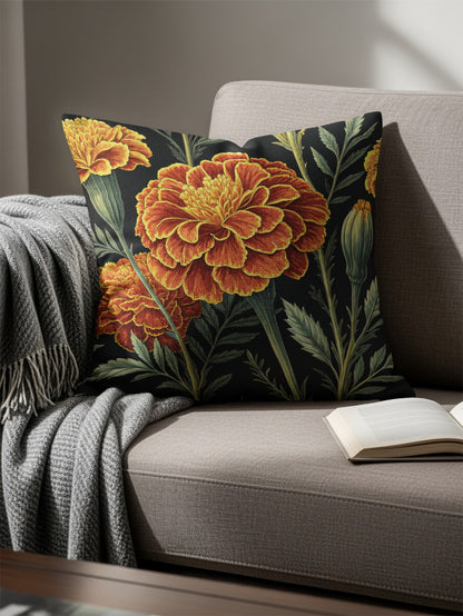 Orange Yellow Marigold Floral Art Pattern Decorative Floral Throw Pillows - Walk Greener