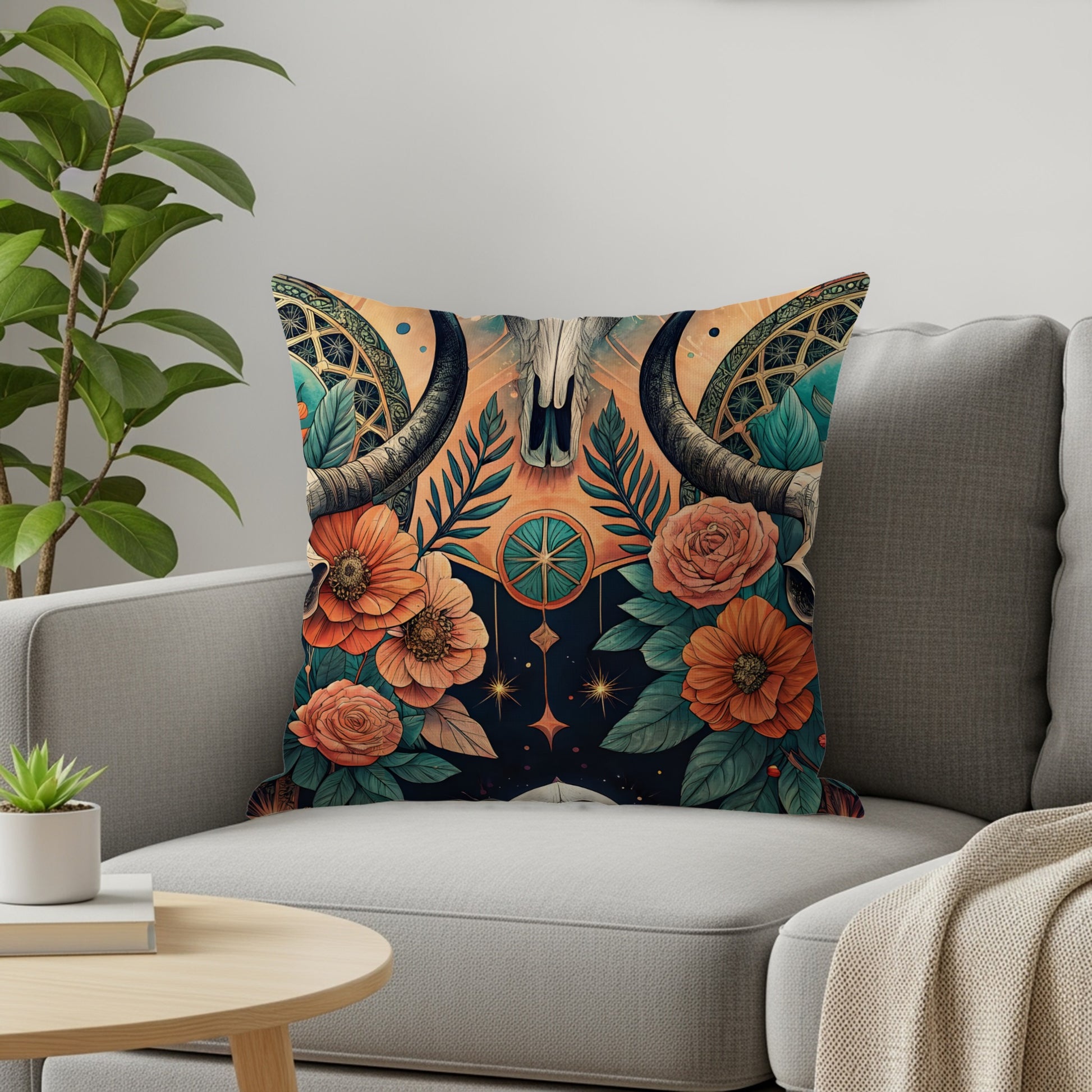 Colorful Skull and Flower Pattern Decorative Pillow
