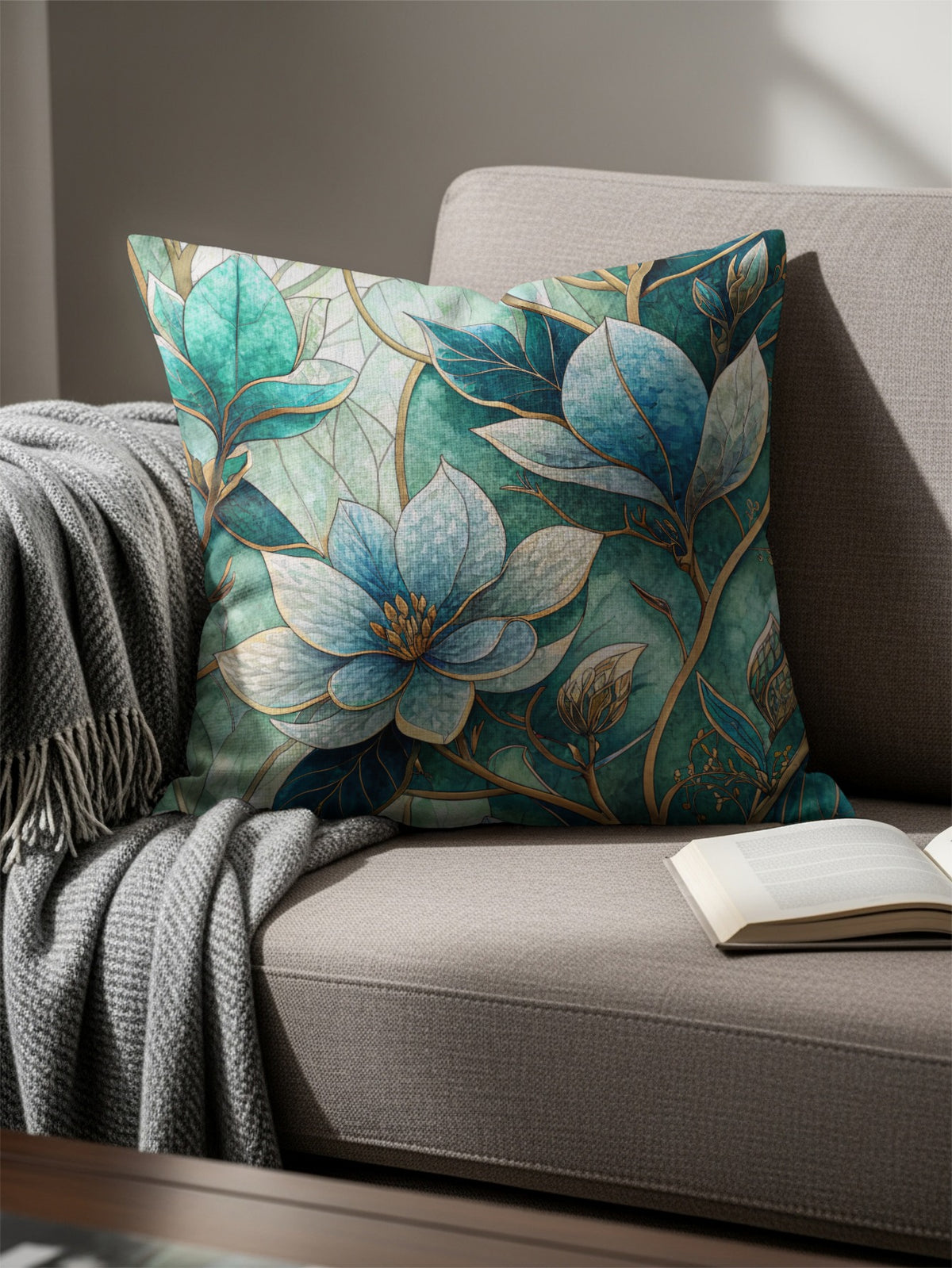 Floral Fantasy in Blue Green Artistic Style Throw Pillows - Walk Greener