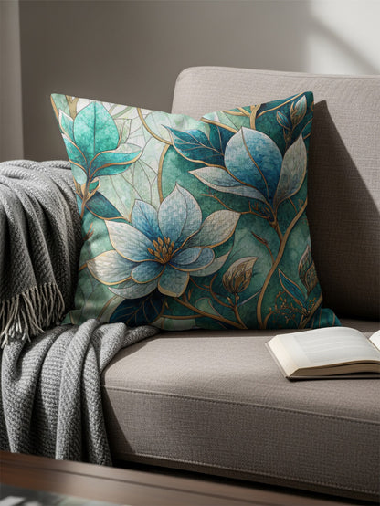 Floral Fantasy in Blue Green Artistic Style Throw Pillows - Walk Greener
