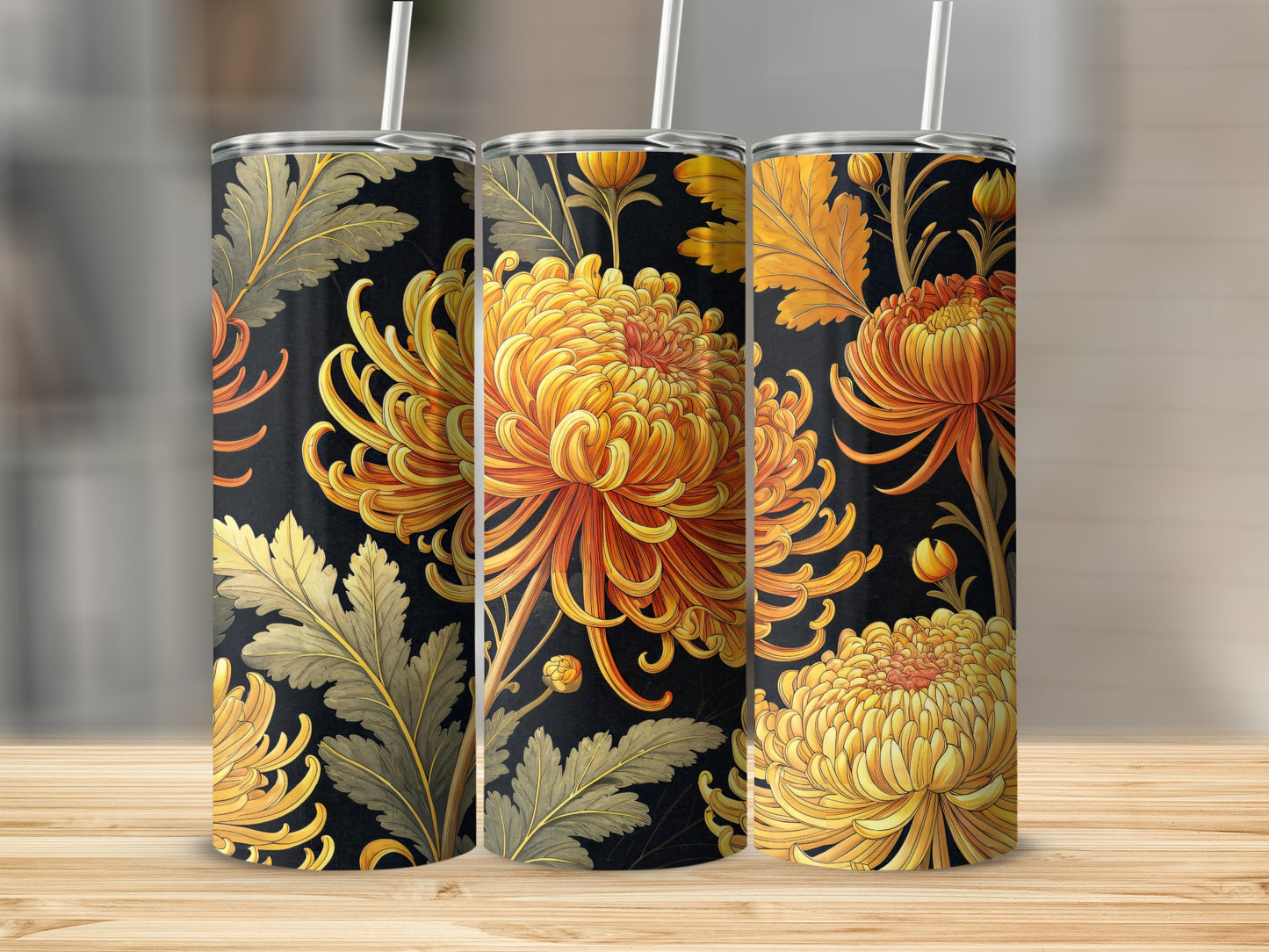Exquisite Golden Chrysanthemum Floral Pattern Tumblers - Walk Greener