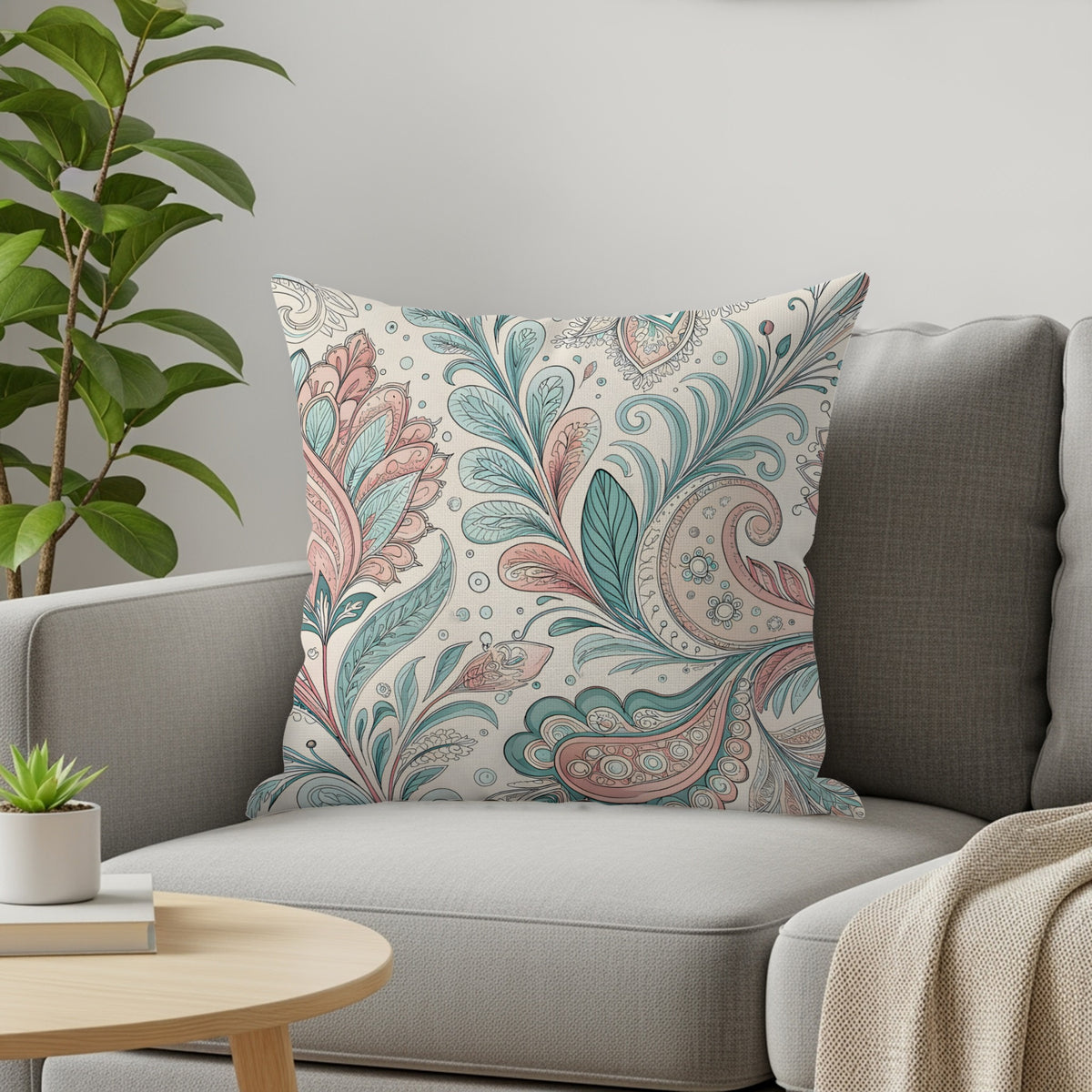 Pastel paisley floral throw pillow styled on a sofa with a cream knit throw