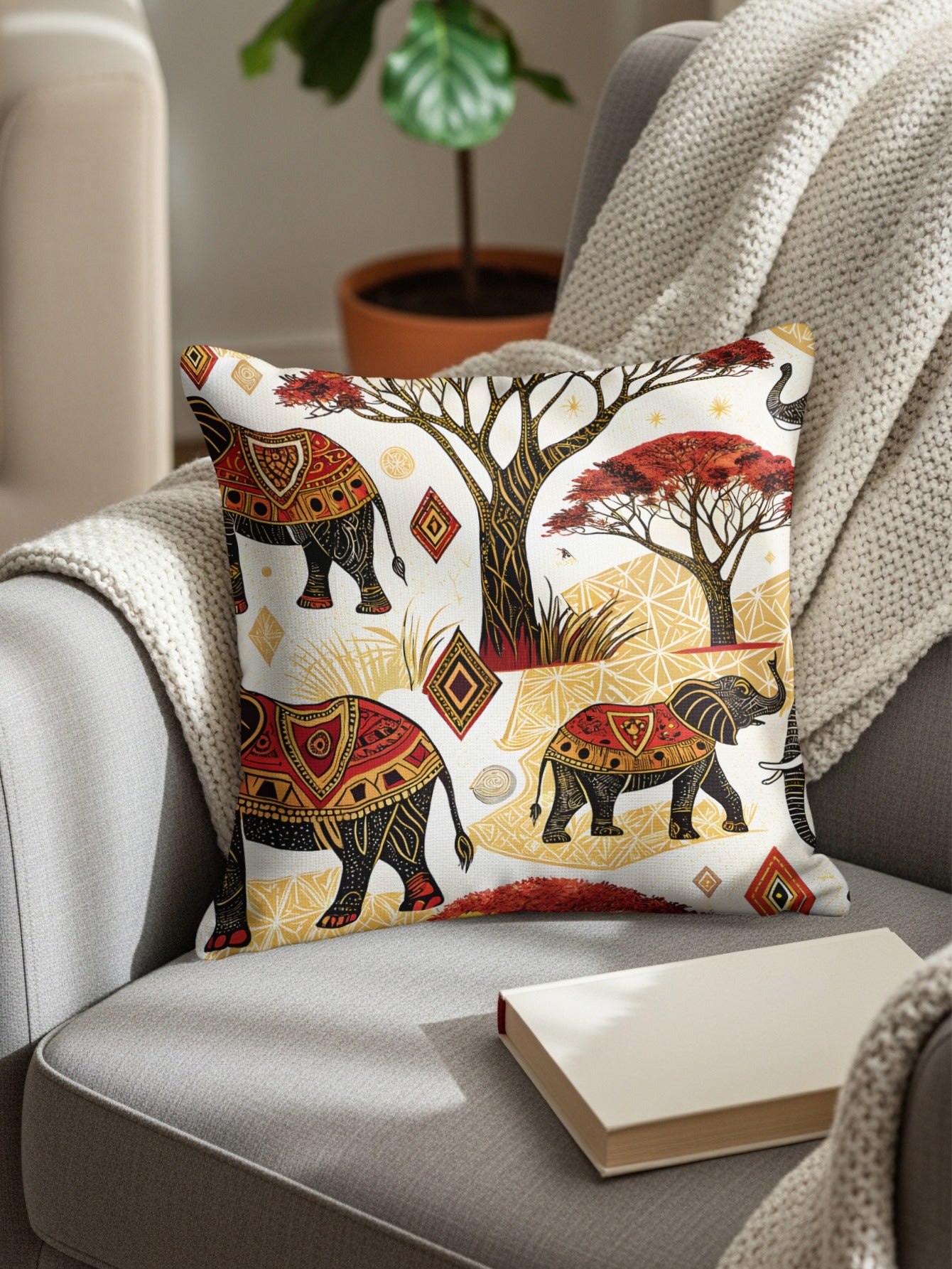 Decorative Pillow with Elephant and Tree Design Pillow