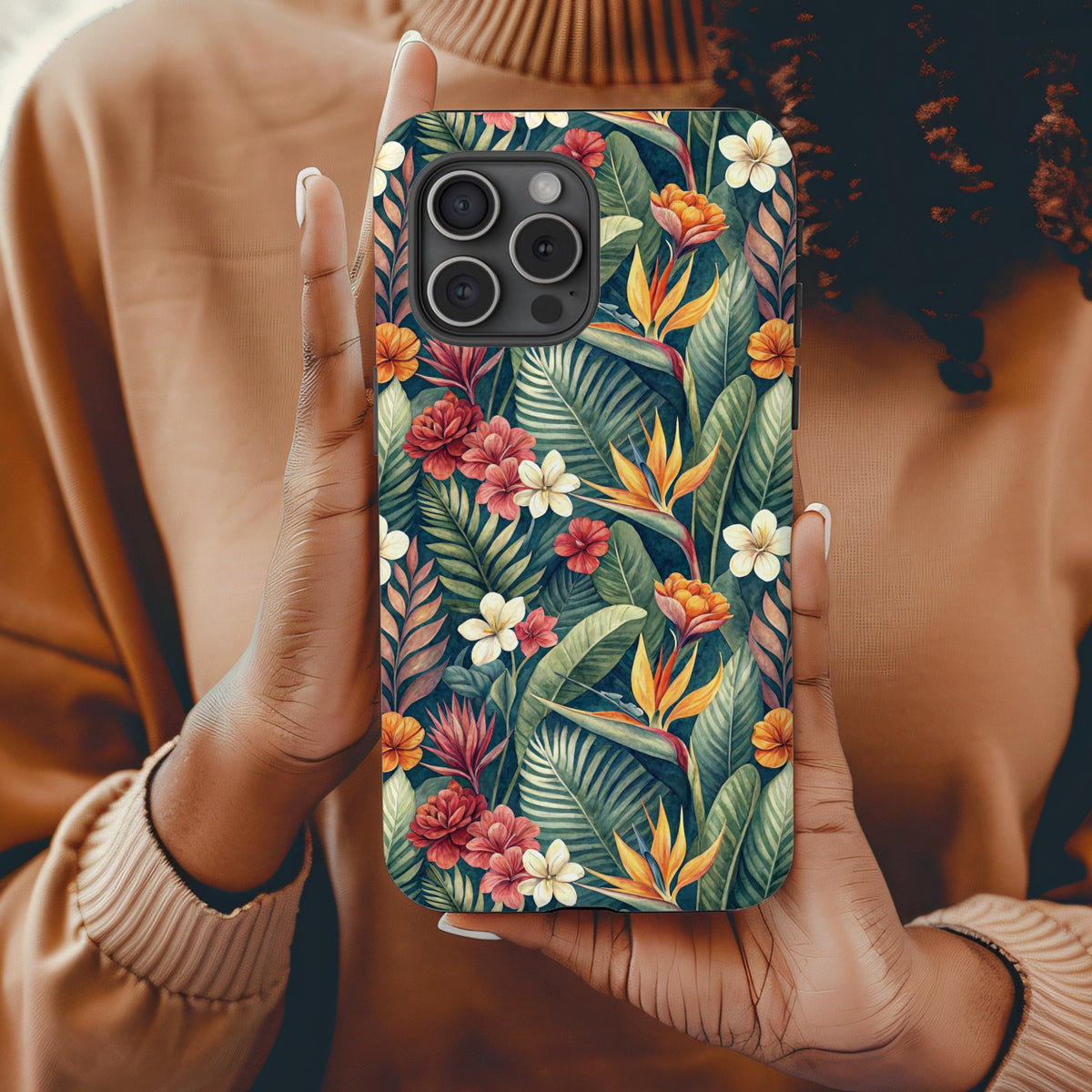 Dark teal tropical floral phone case, full back view with custom name detail.