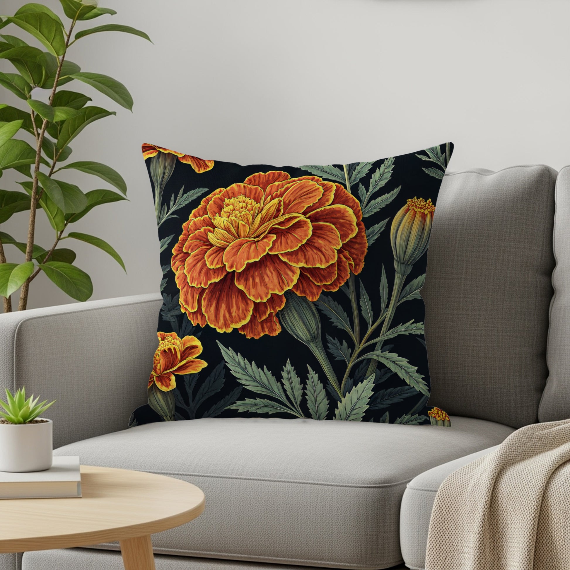 Vibrant Marigold Garden Art Deco Style Decorative Floral Throw Pillows - Walk Greener