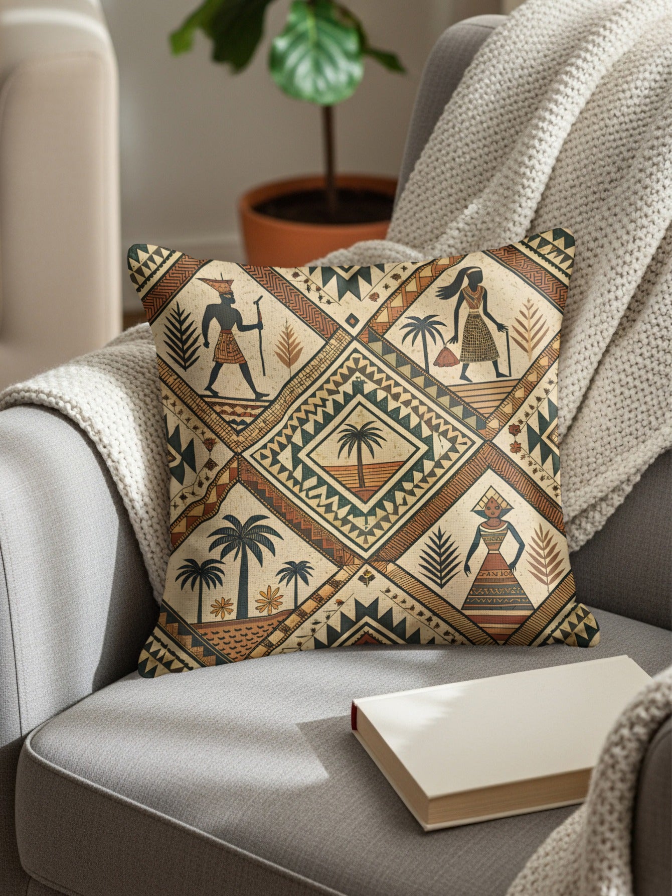 Egyptian Figures Palm Trees Cultural Pattern Pillows & Pillow Cases - Walk Greener