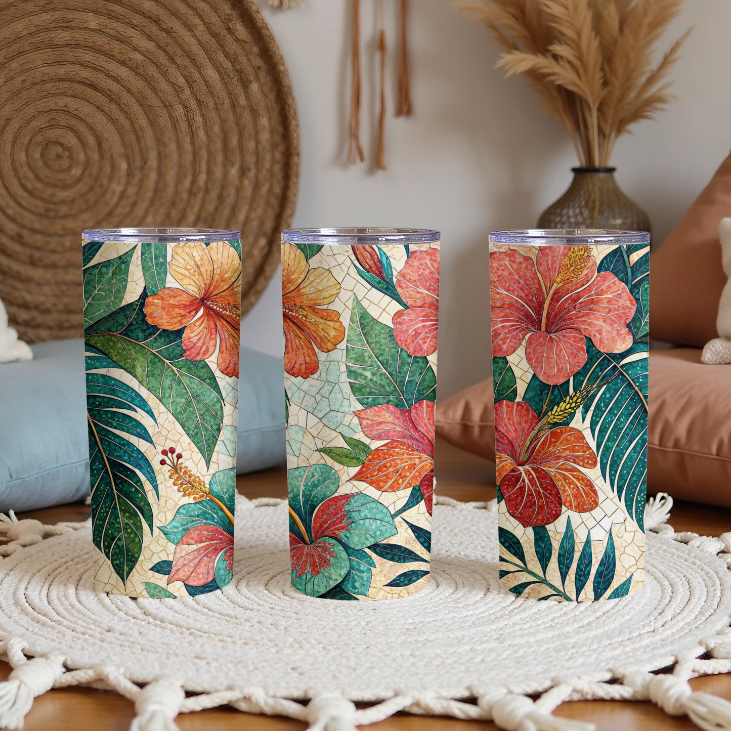 Hibiscus Flowers with Mosaic Background Illustration 20 oz Skinny Tumbler - Walk Greener