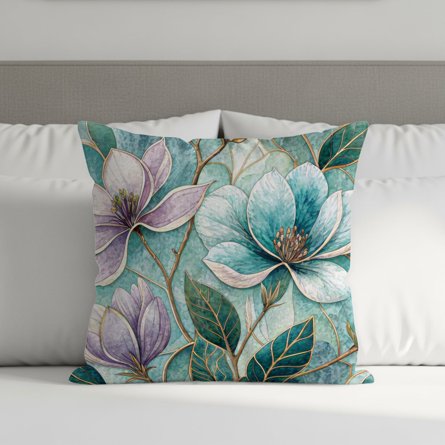Floral Mosaic Magnolia Watercolor Elegant Design Throw Pillows - Walk Greener