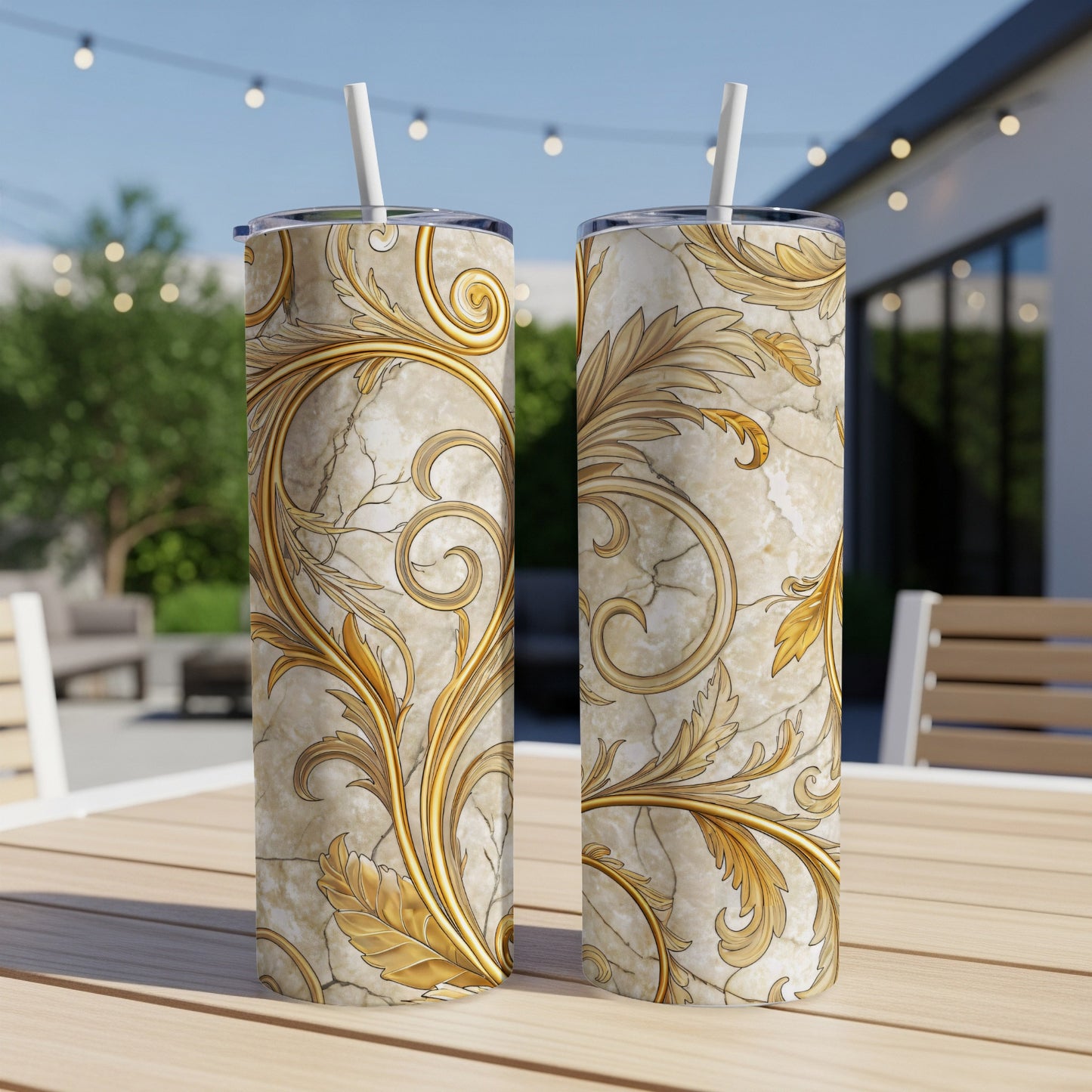 Elegant Gold Scroll Pattern Stainless Steel Tumbler Set