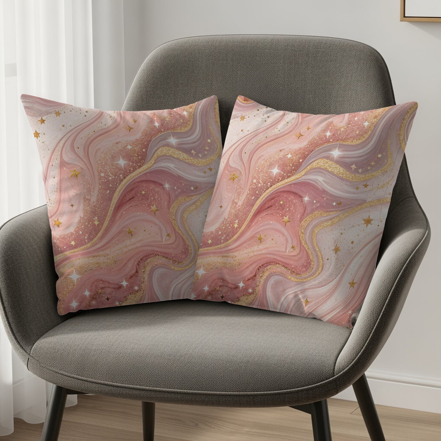 Pink Gold Glitter Swirl Stars Design Pattern Throw Pillows - Walk Greener