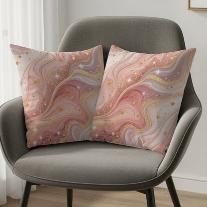 Pink Gold Glitter Swirl Stars Design Pattern Throw Pillows - Walk Greener