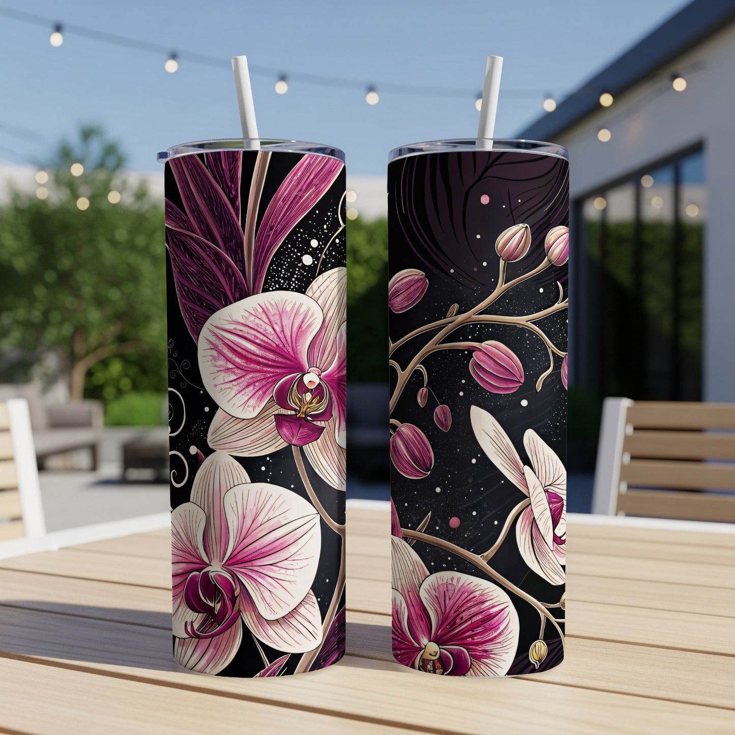 Pink Orchids On Black With Swirls Floral Art Tumblers - Walk Greener