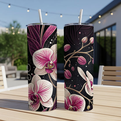 Pink Orchids On Black With Swirls Floral Art Tumblers - Walk Greener