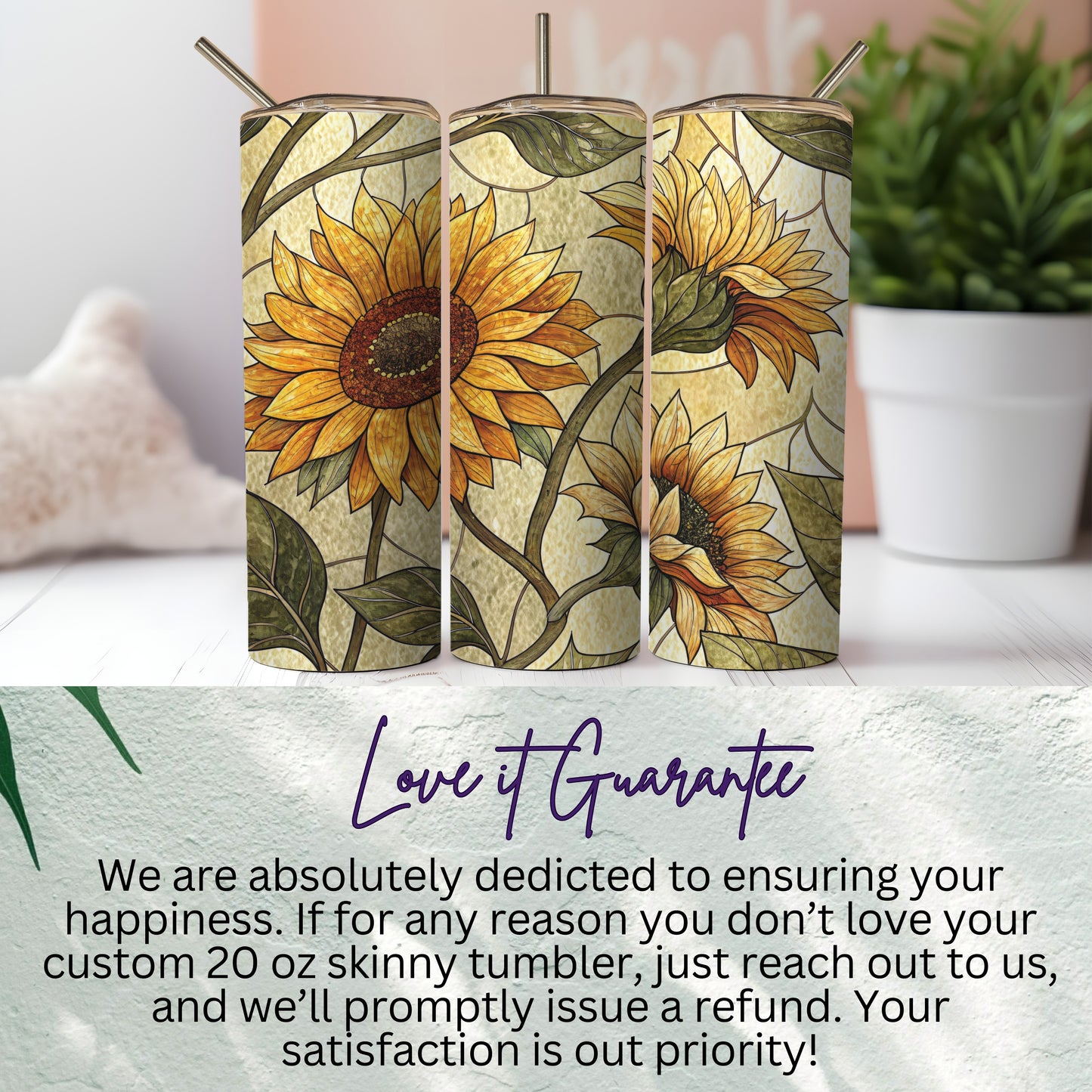 Sunflower Bloom Stained Glass Style Design 20 oz Skinny Tumbler - Walk Greener