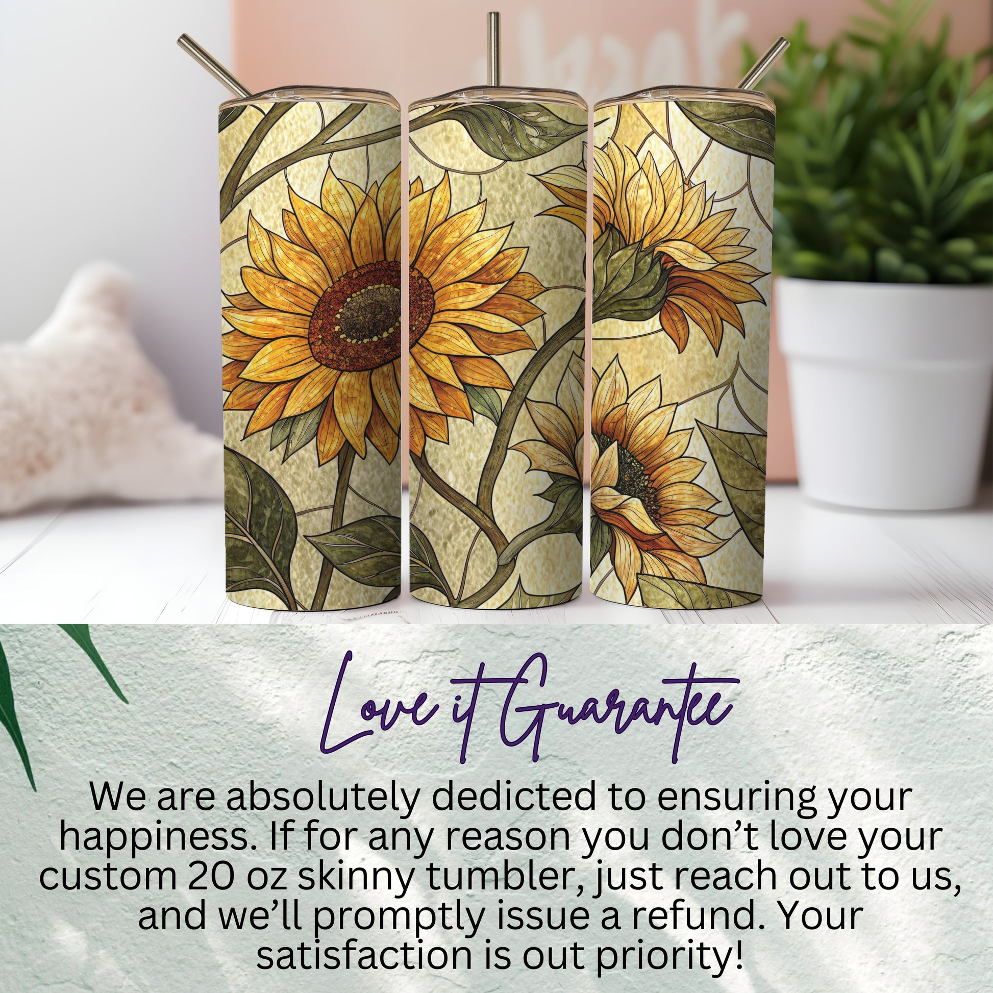 Sunflower Bloom Stained Glass Style Design 20 oz Skinny Tumbler - Walk Greener