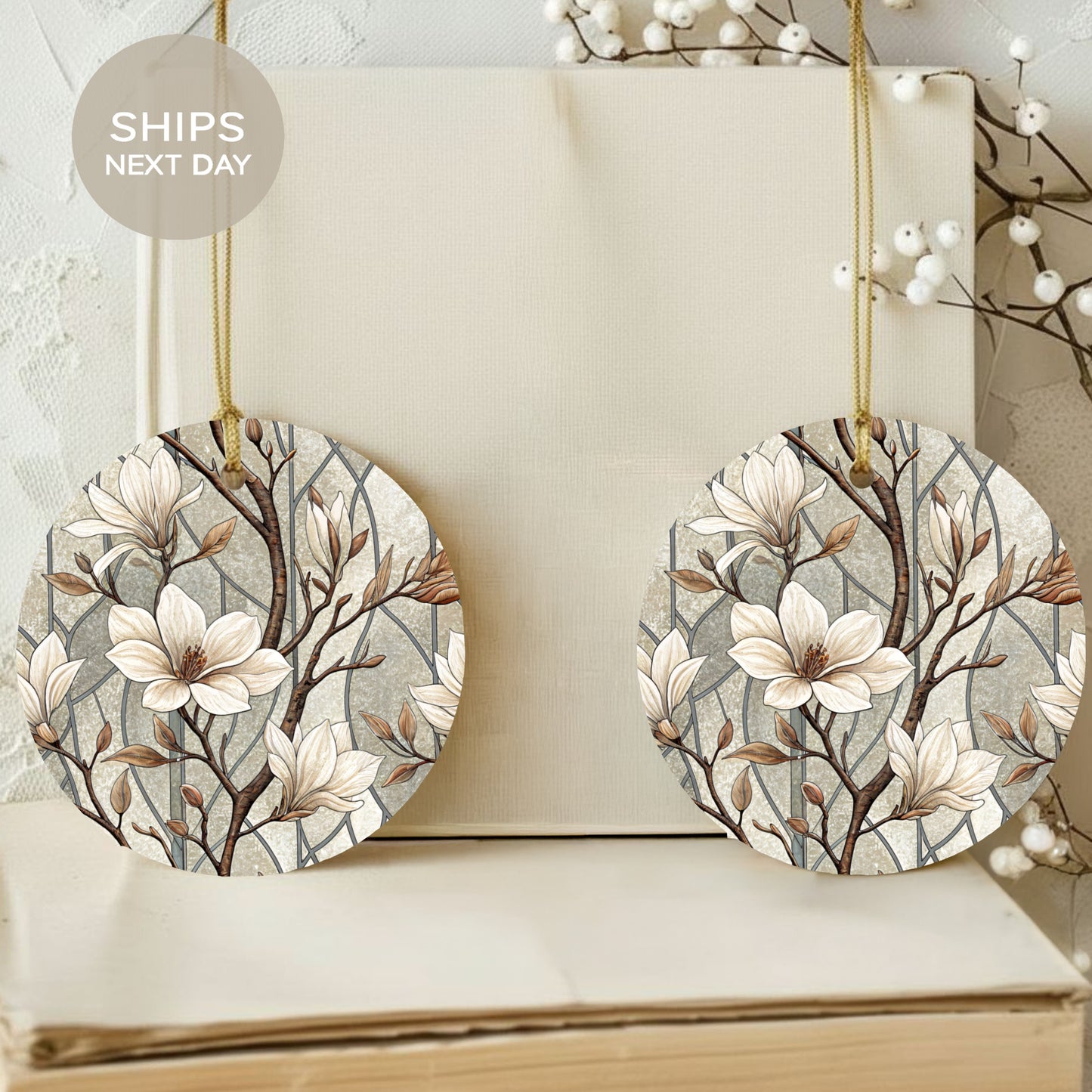 Elegant Floral Magnolia Tree Printed Ornament Set