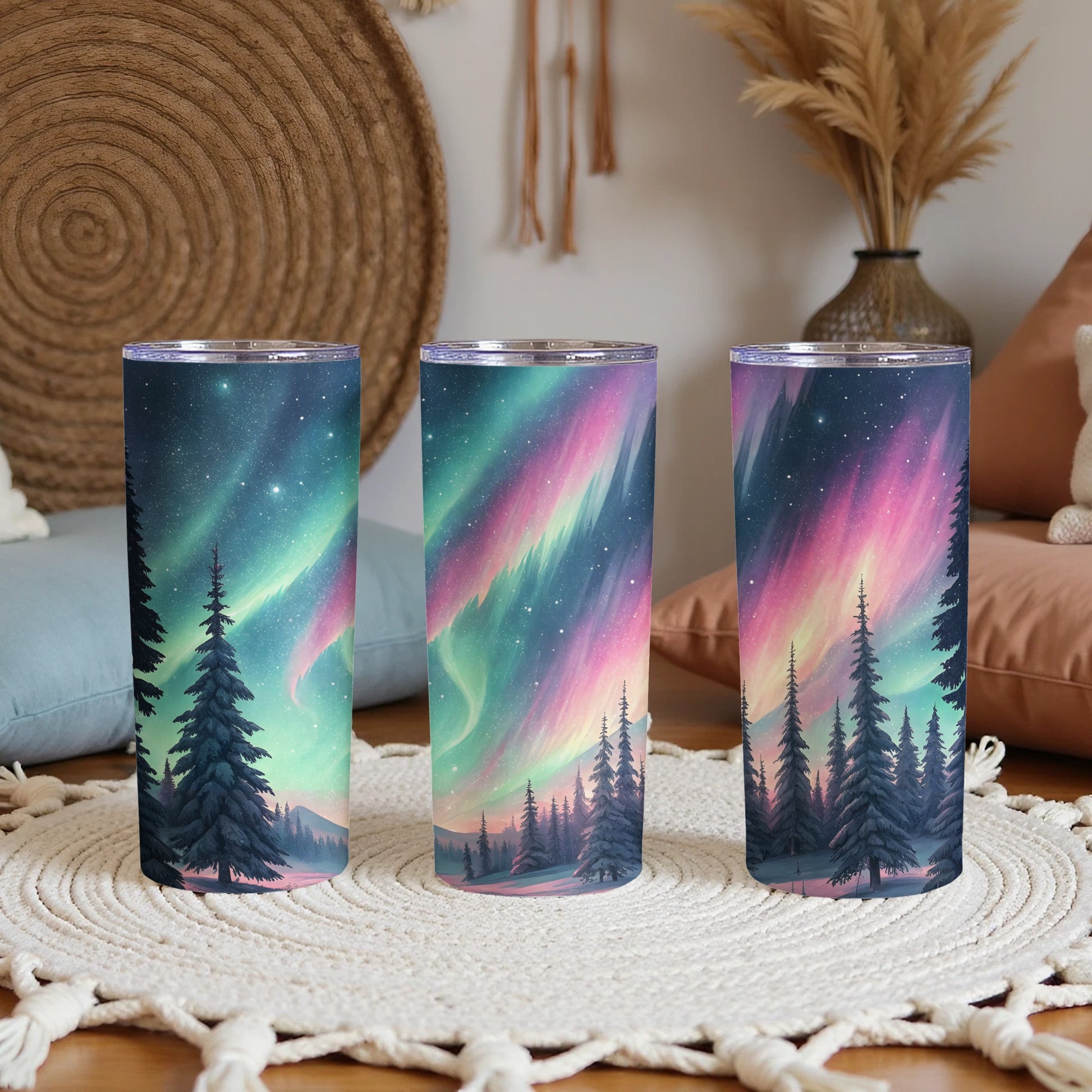 Aurora Borealis Scene with Winter Trees Design Tumbler - Walk Greener