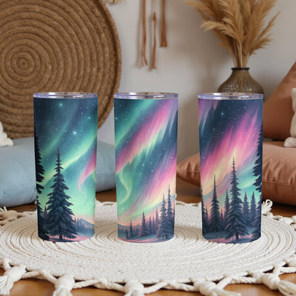 Aurora Borealis Scene with Winter Trees Design Tumbler - Walk Greener