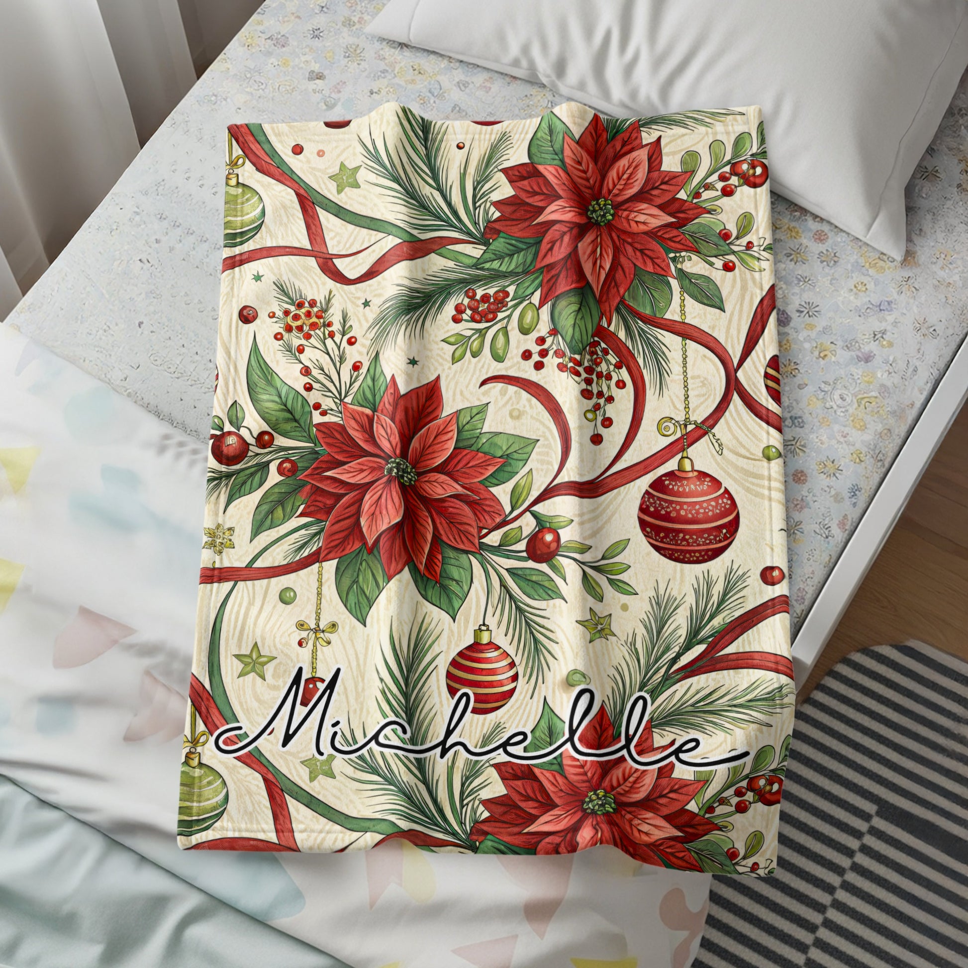 Personalized Christmas Poinsettia Pattern Blanket