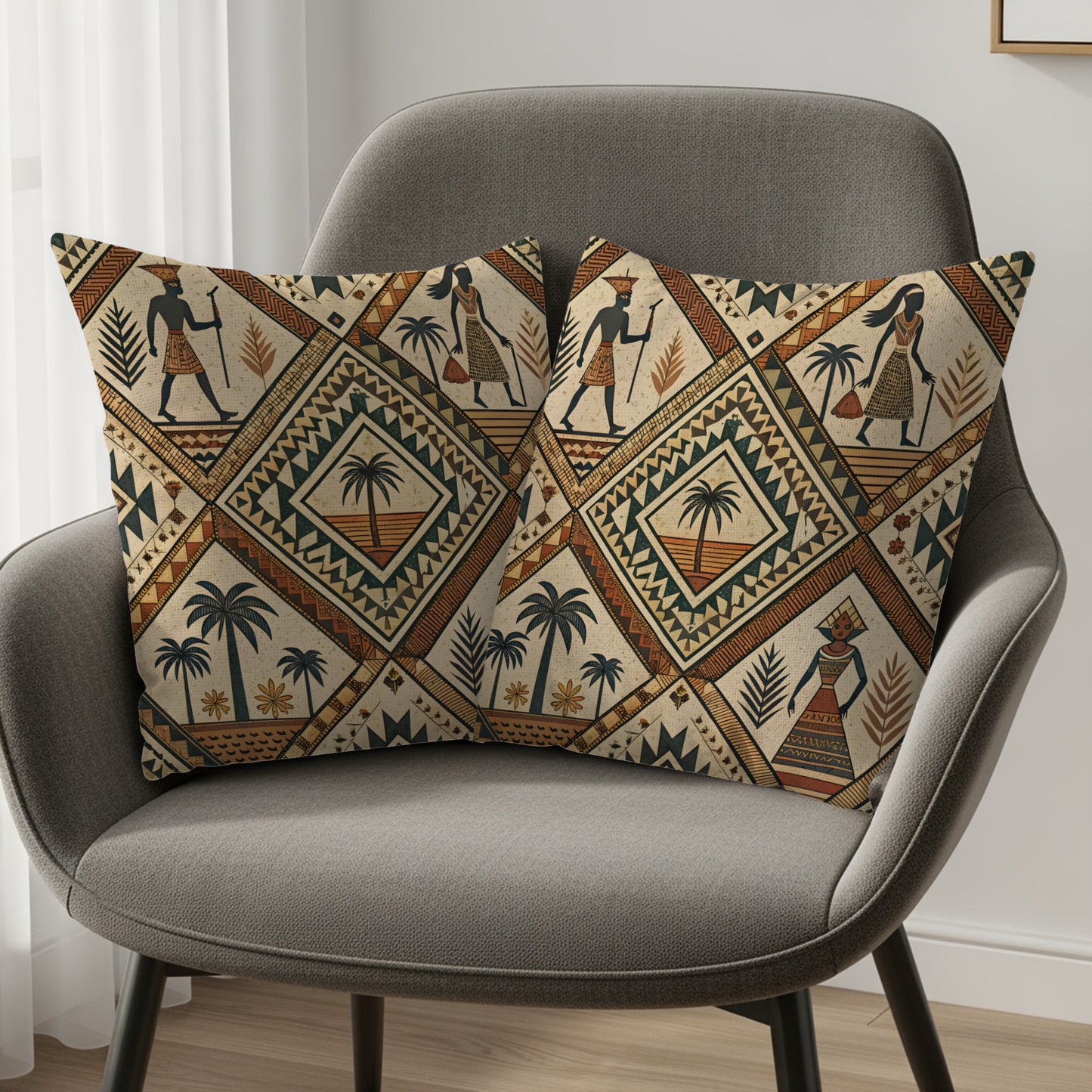 Egyptian Figures Palm Trees Cultural Pattern Pillows & Pillow Cases - Walk Greener