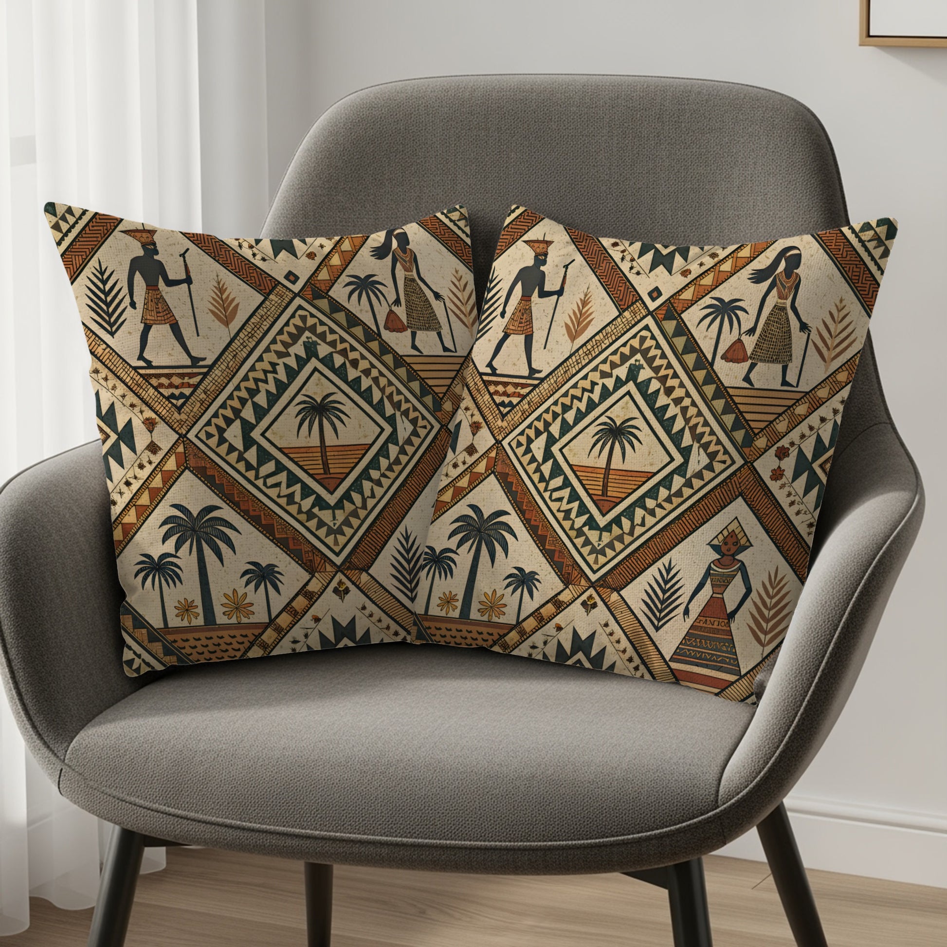Egyptian Figures Palm Trees Cultural Pattern Pillows & Pillow Cases - Walk Greener
