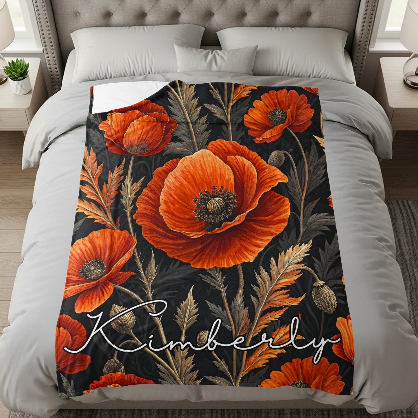 Personalized Red Poppy Floral Bedding Blanket with Name