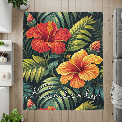 Tropical Hibiscus Flowers Custom Name Printed Blankets - Walk Greener