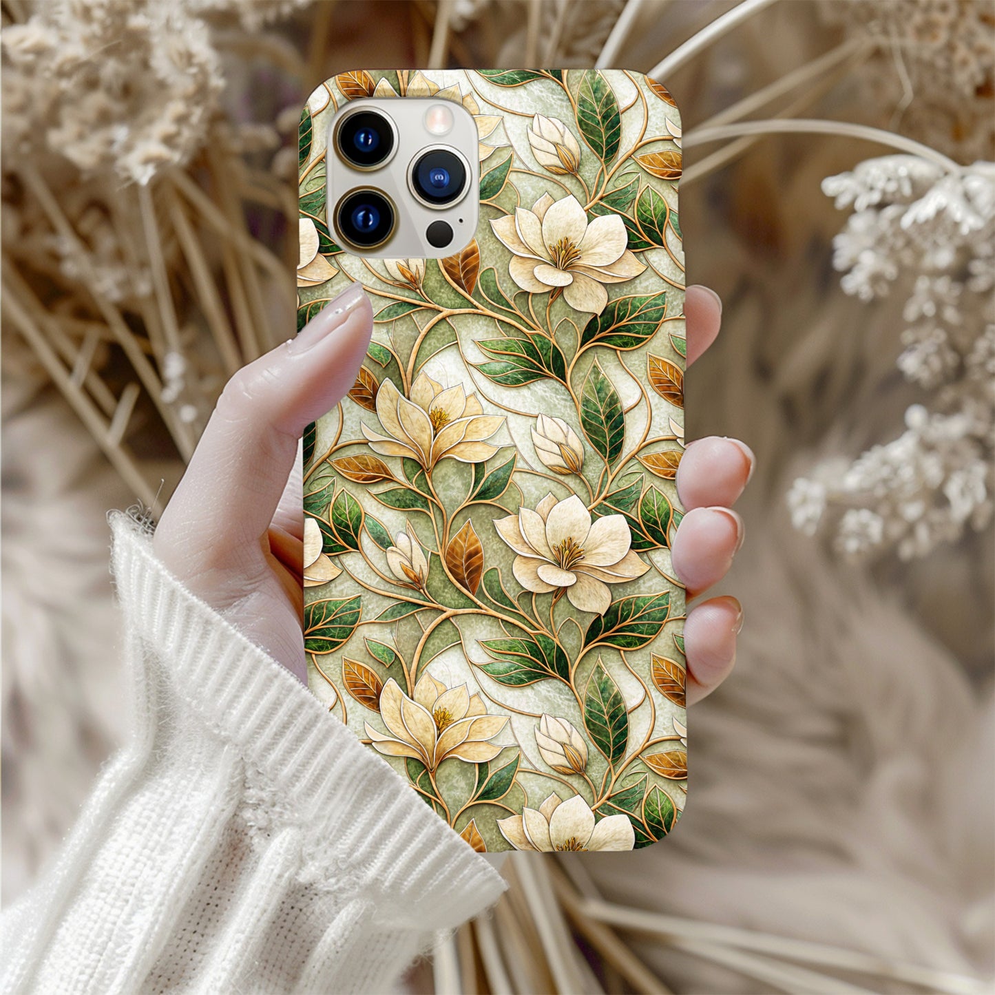 Elegant Floral Design Phone Case With Green Leaves
