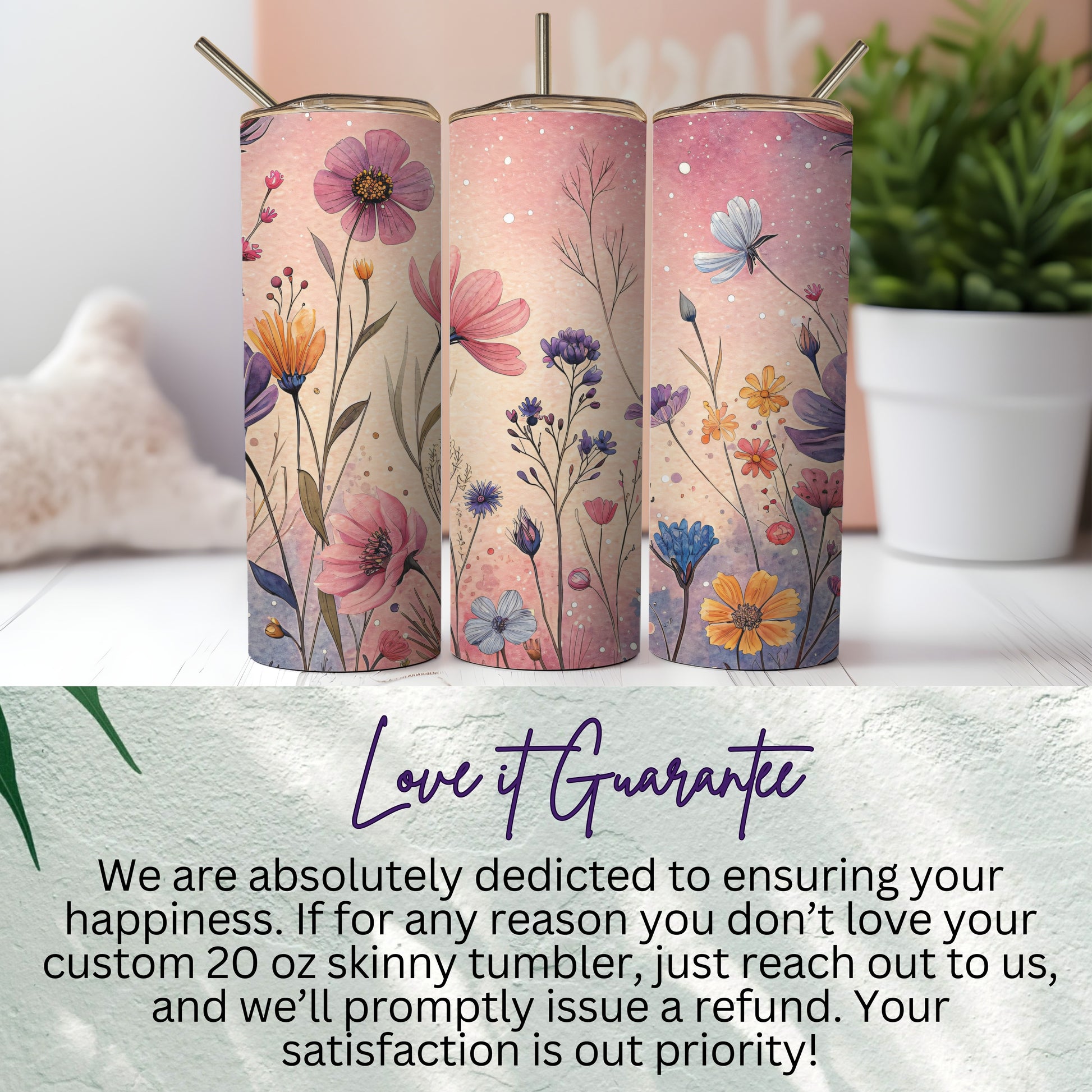 Floral Watercolor on Pink and Beige Background 20 oz Skinny Tumbler - Walk Greener