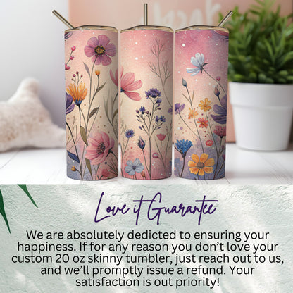 Floral Watercolor on Pink and Beige Background 20 oz Skinny Tumbler - Walk Greener