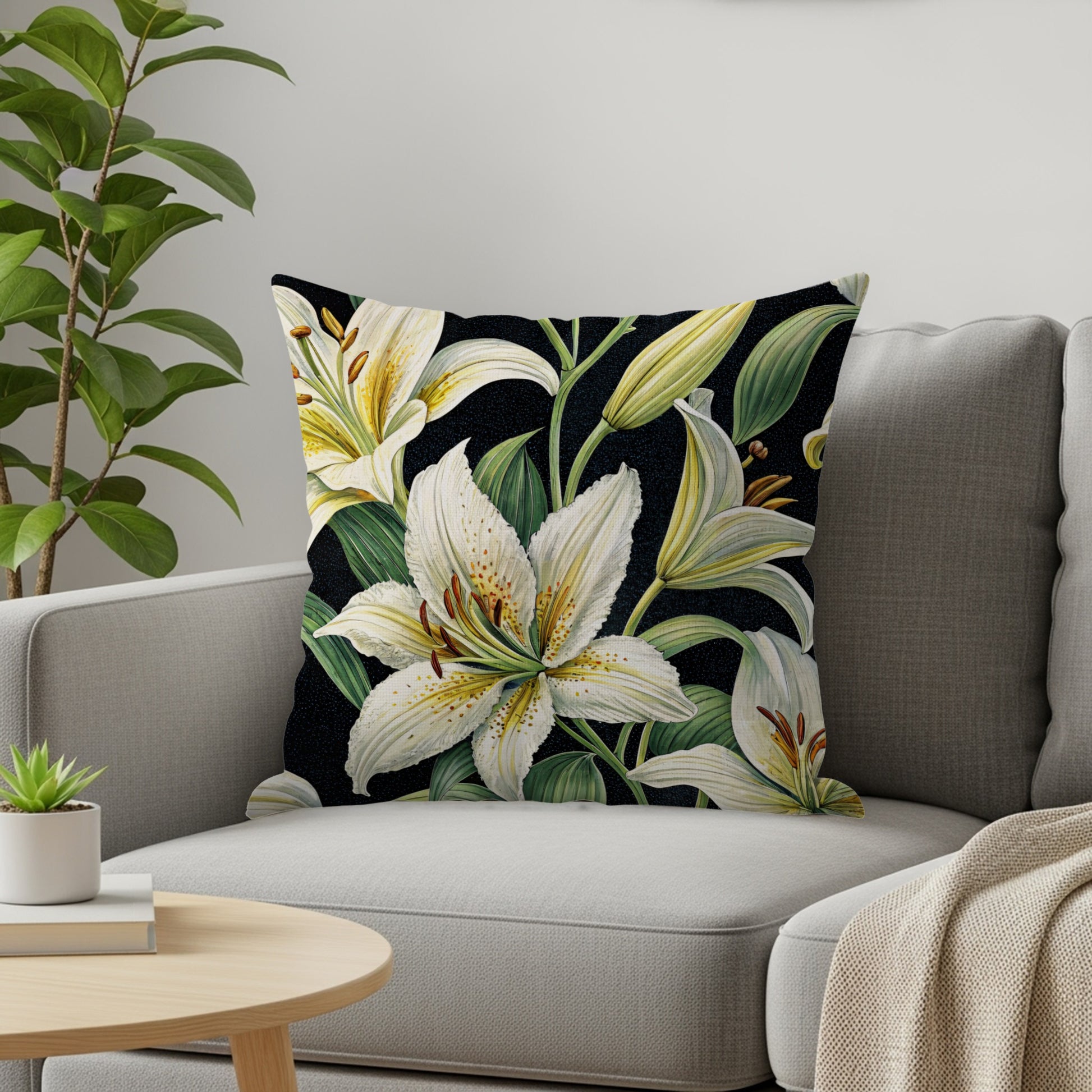 Elegant White Lily Floral Accent Throw Pillow