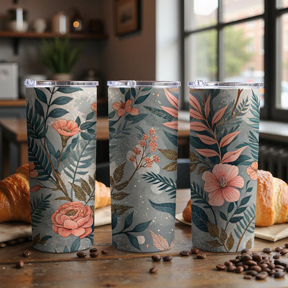 Floral design tumbler with lid and reusable straw, shown from a side angle highlighting the peach rose and leaf print.