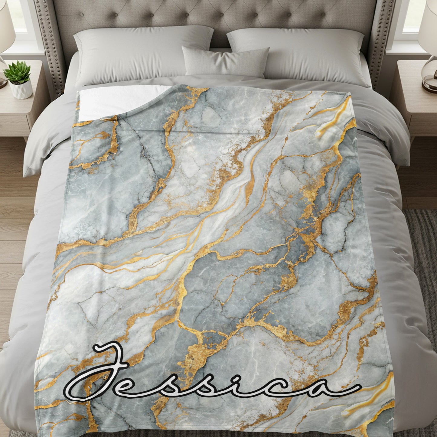 Gray Marble Veins of Gold Pattern Custom Name Blanket - Walk Greener