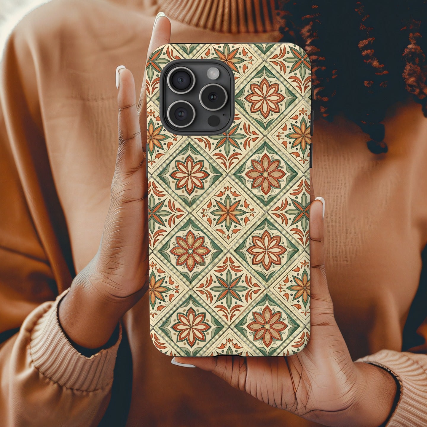 Floral Tile Pattern Orange And Green Flowers With Custom Phone Case - Walk Greener