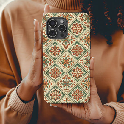 Floral Tile Pattern Orange And Green Flowers With Custom Phone Case - Walk Greener