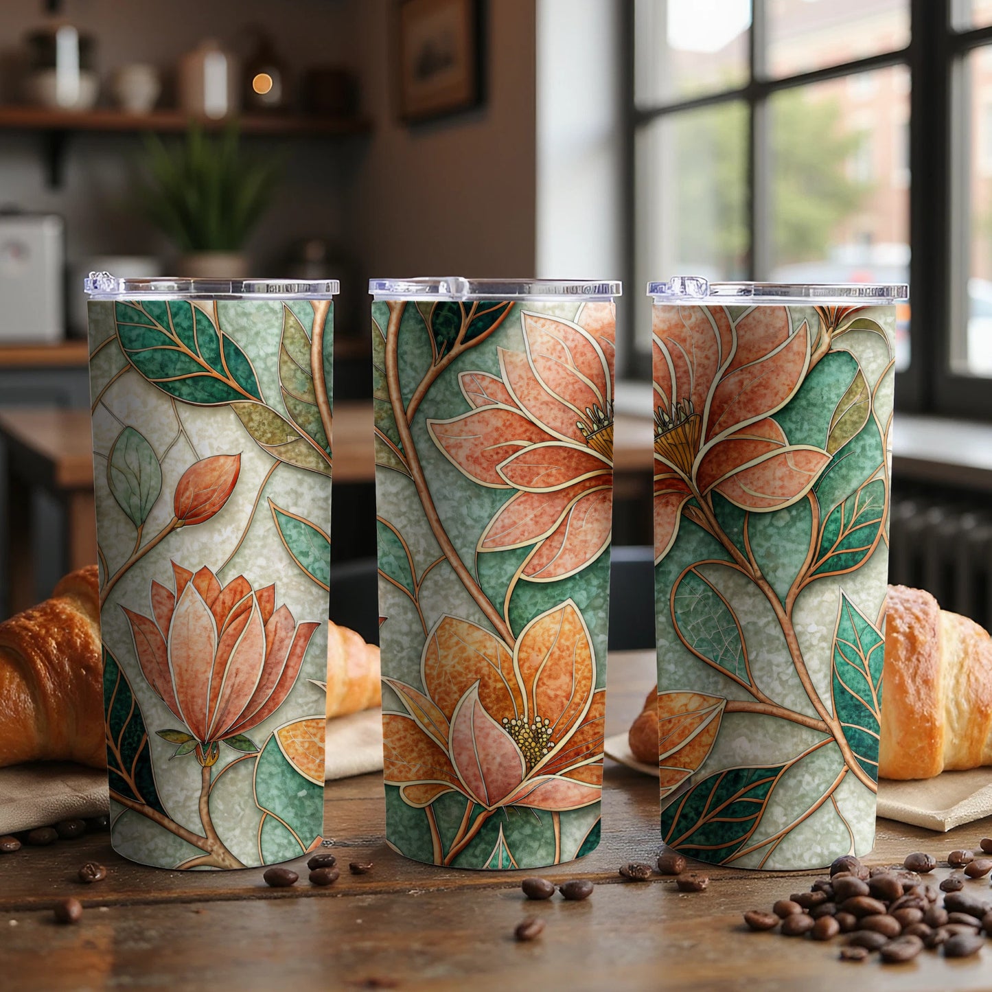 Peach and Green Flowers Artistic Pattern Beautiful 20 oz Skinny Tumbler - Walk Greener