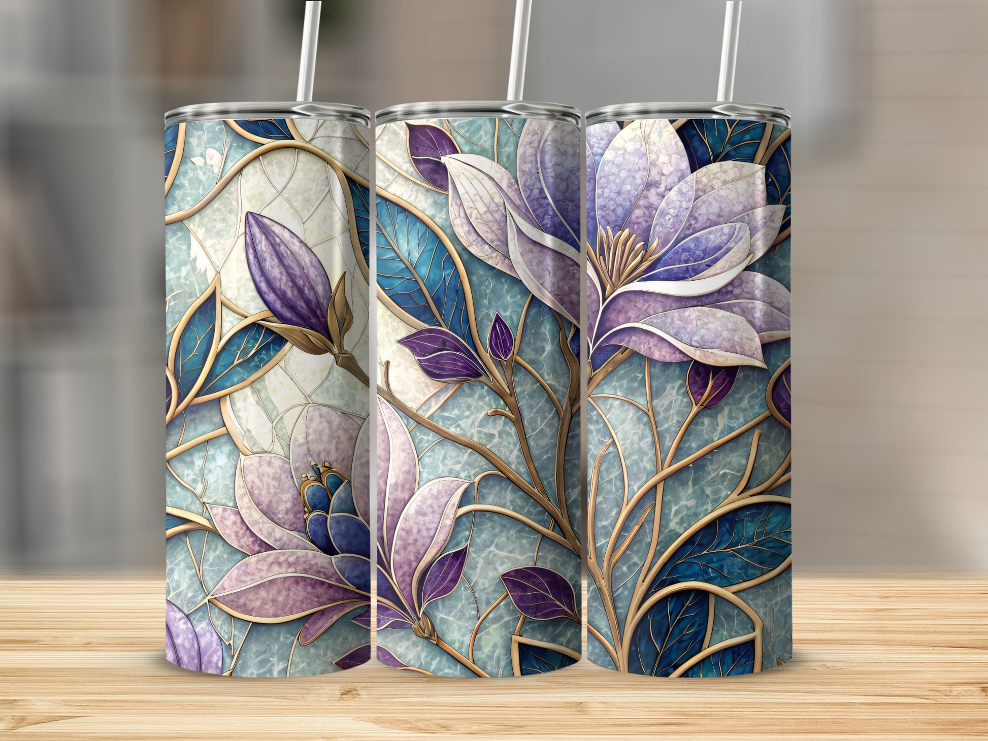 Purple Blooms on Turquoise Backdrop Design 20 oz Skinny Tumbler - Walk Greener