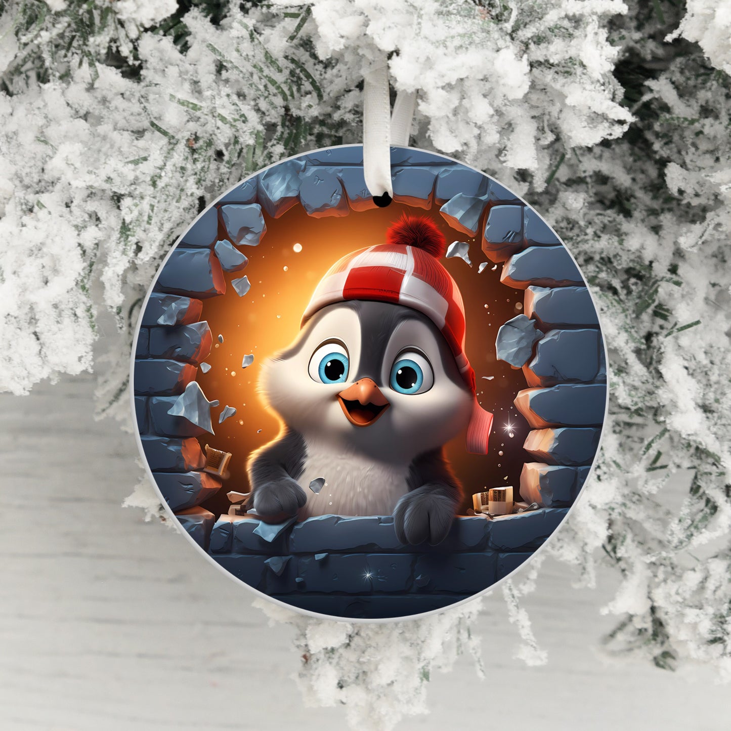 Adorable Penguin Breaking Wall Design Hanging Ornament